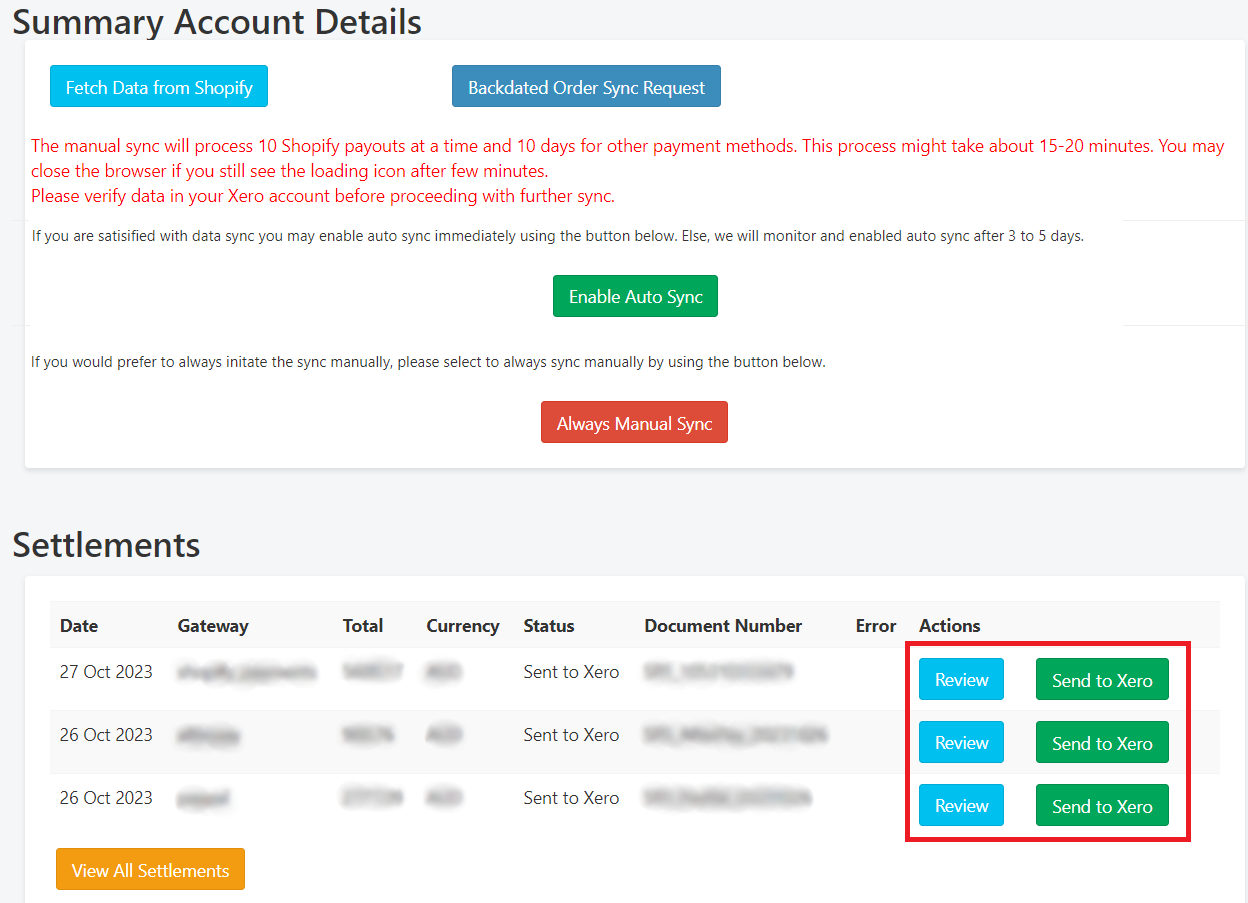 Review button and Send to Xero button in summary sync option